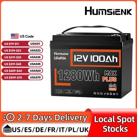 Humsienk LiFePO4 Lithium Battery 12V 100AH MAX With 100A BMS Protect Portable For Vans, RV, Golf Cart, Touring Car, Marine, etc