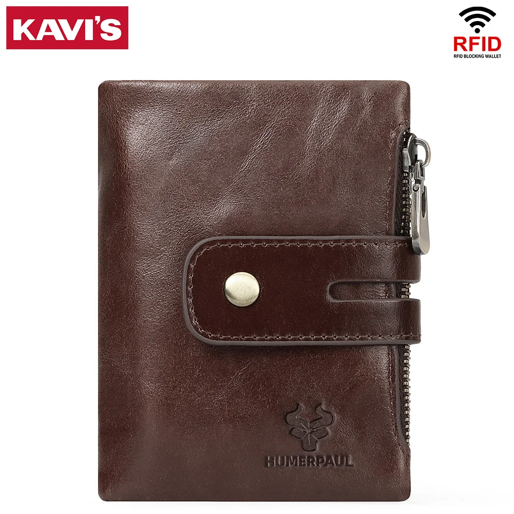 KAVIS Solid color double folding men's wallet, the first layer of cowhide, smooth and multi-card slot