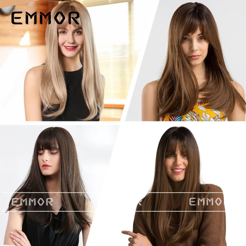 おしゃれな新しいロングストレートヘア、エアバング付き、女性用フルヘッドウィッグ