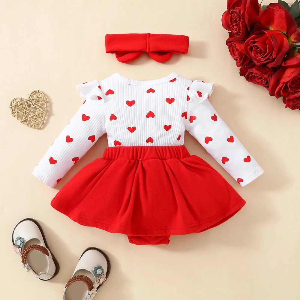 0-18 M Baby Girls Clothes New Autumn Infant Bodysuit False 2Pcs Heart Print Jumpsuit Toddler Cute One Piece Clothes