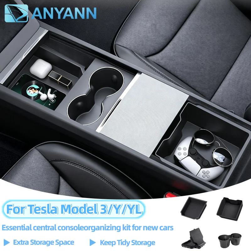 Center Armrest Hidden Storage Box Cup Holder Console Organizer for Tesla Model 3/Y/YL Highland Juniper 2024-2026 Car Accessories