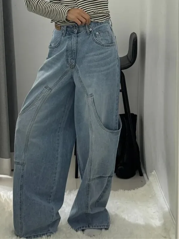 

American Retro Workwear Wide Leg Jeans Women's Large Pocket Design High Waist Slimming Loose Casual Long Pants