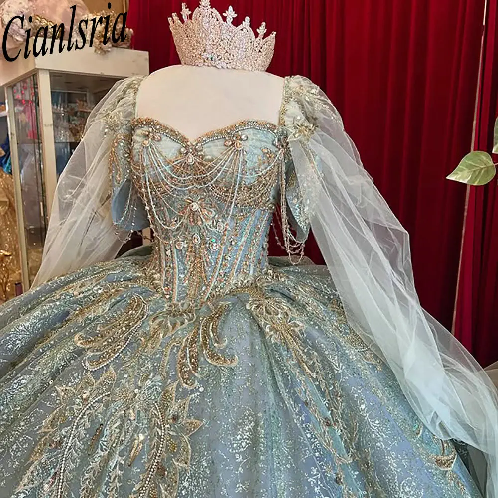 

Mint Green Beading Tassel Ruffles Ribbons Quinceanera Dresses Ball Gown Gold Appliques Lace Sweet 15 Años Mexican Customized