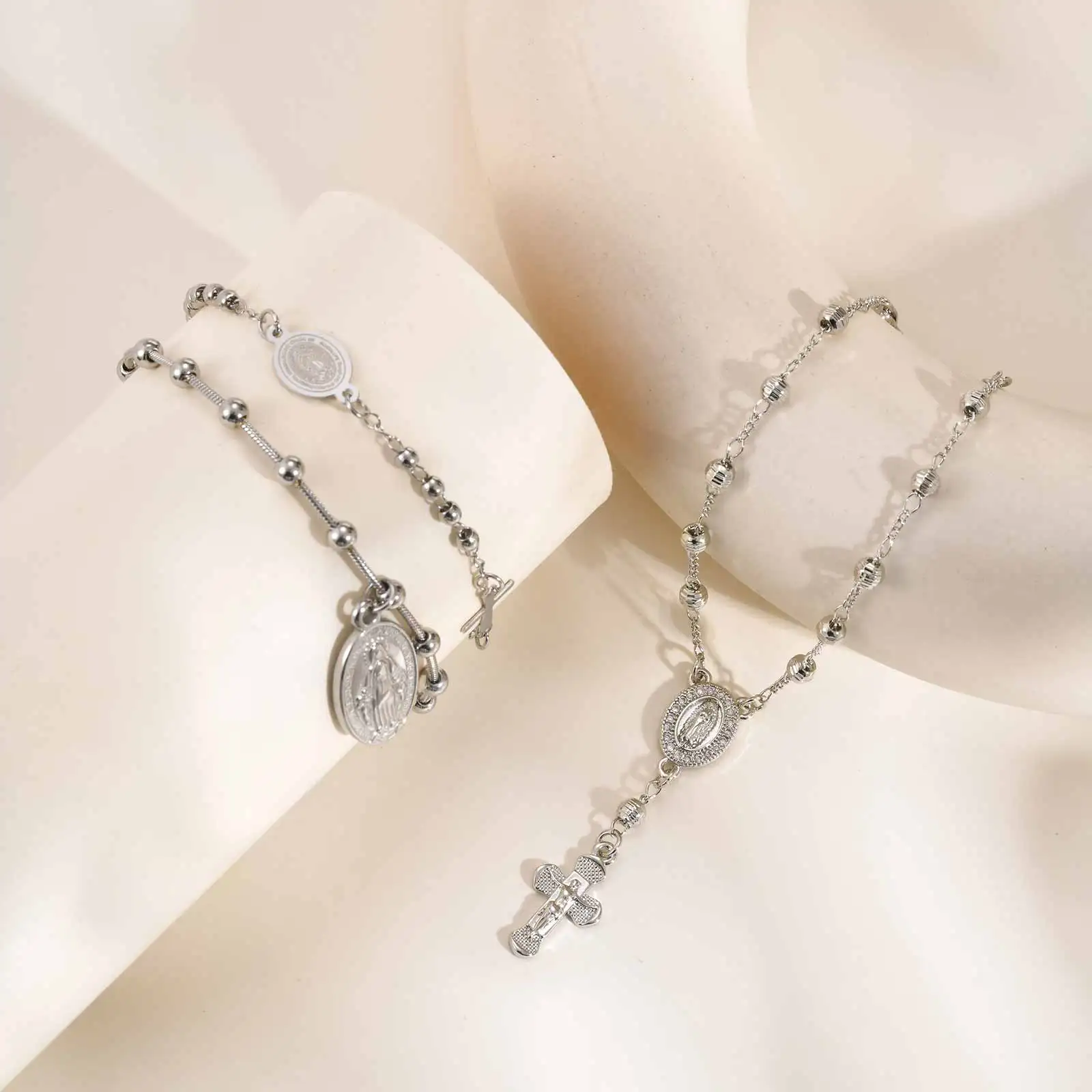 Silver Color Virgin Mary Rosary Bracelet, Catholic Religious Cross Chain Bracelet for Women Adjustable, Communion Baptism Gift