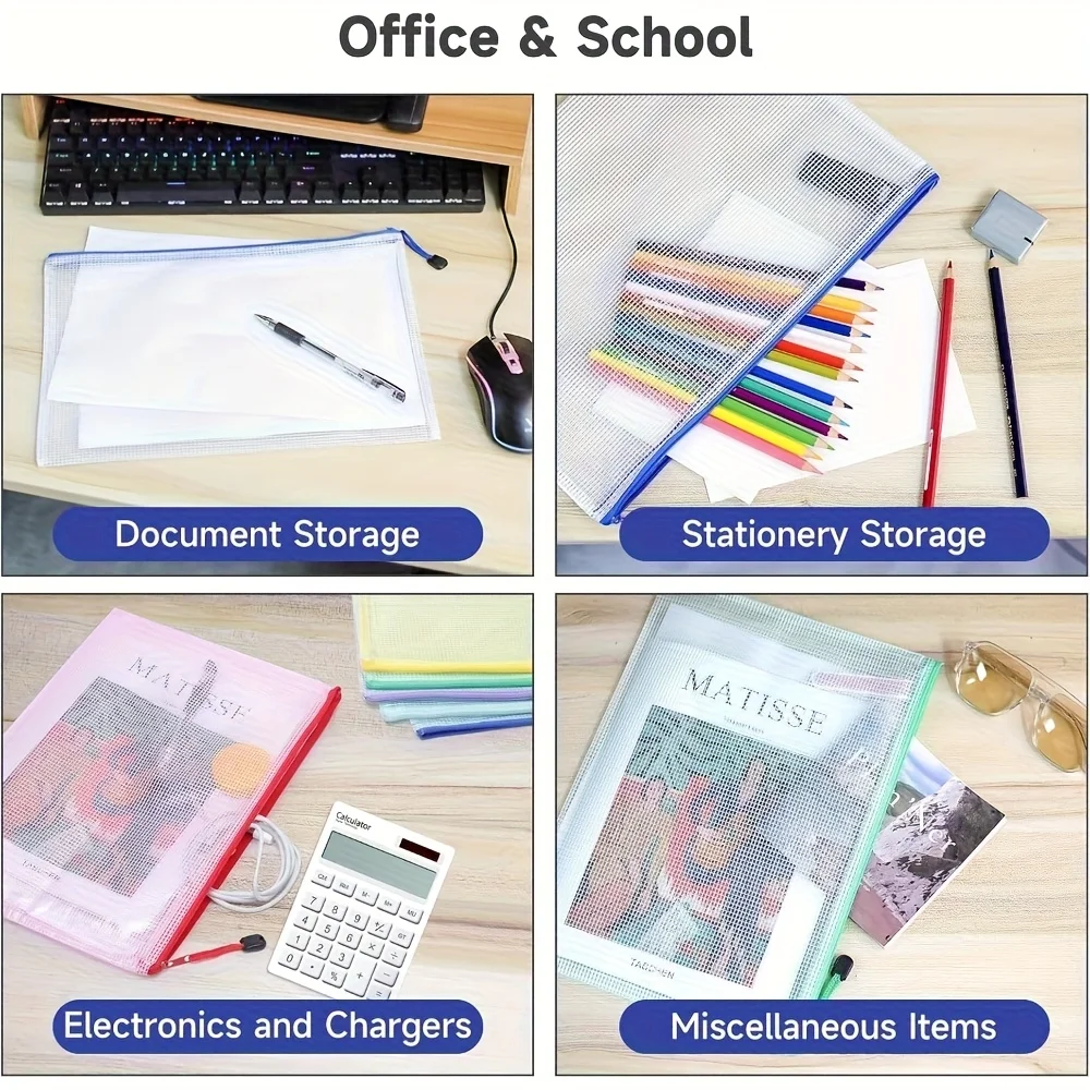 5-Pack A3/A4 PVC Zipper Portfolio Folders with Mesh Design - Waterproof Art, Data, and Drawing Storage Bags