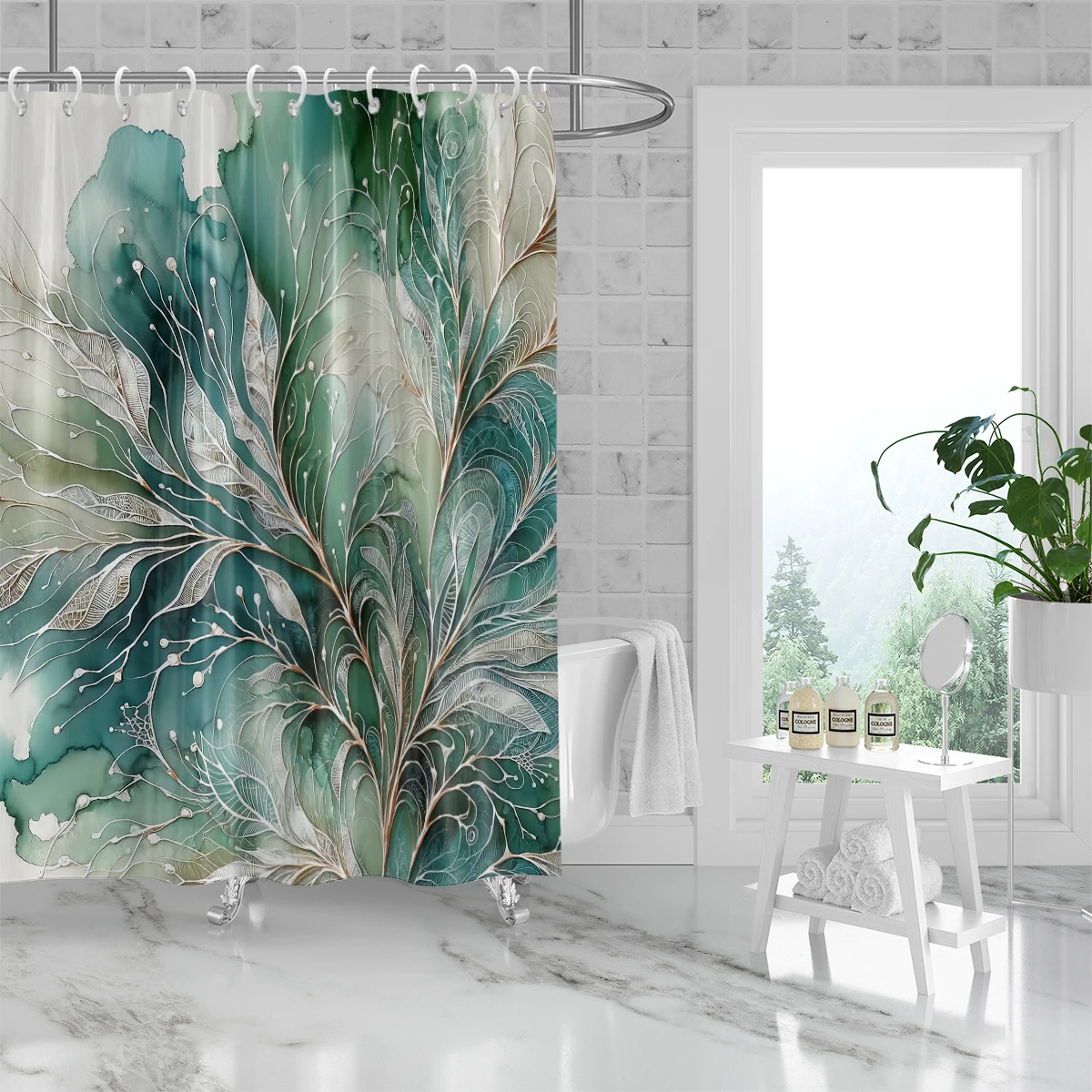 Olive Green and Golden Purple Plant Leaves Shower Curtain Series Printed Pattern with 12 Hooks,for Bathroom Art Decor