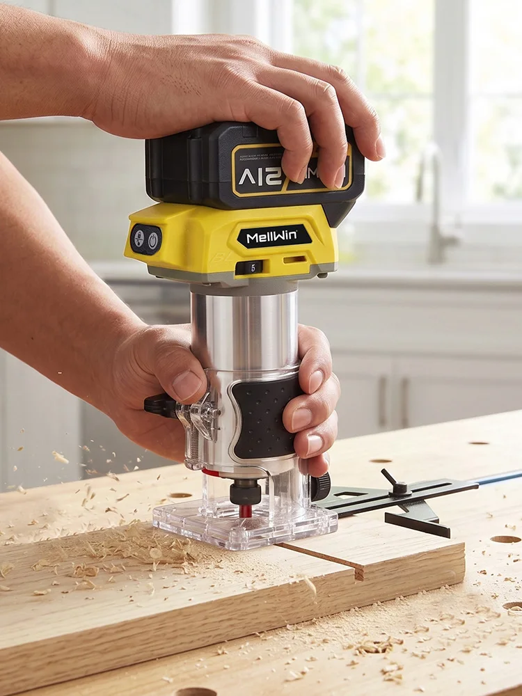 MELLWIN Bürstenloser Holzfräser mit 5 Geschwindigkeiten, Kabelloser Elektrischer Trimmer-Fräser für Holzbearbeitung, Gravur und Nutenfräsen, Kompatibel mit Makita 18V Akku