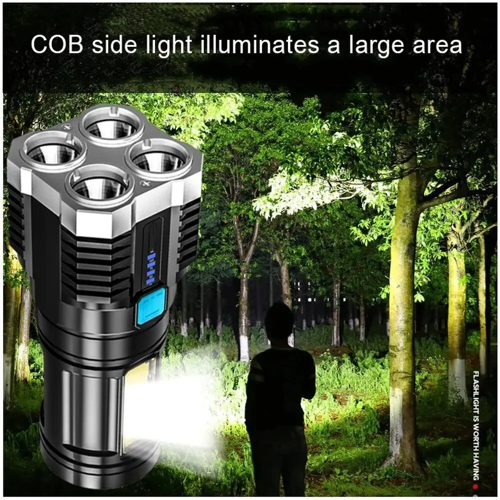 4Core LED Flashlight COB Strong Side Light Outdoor Portable Home Torch USB Rechargeable Flashlight Lantern With Power Display