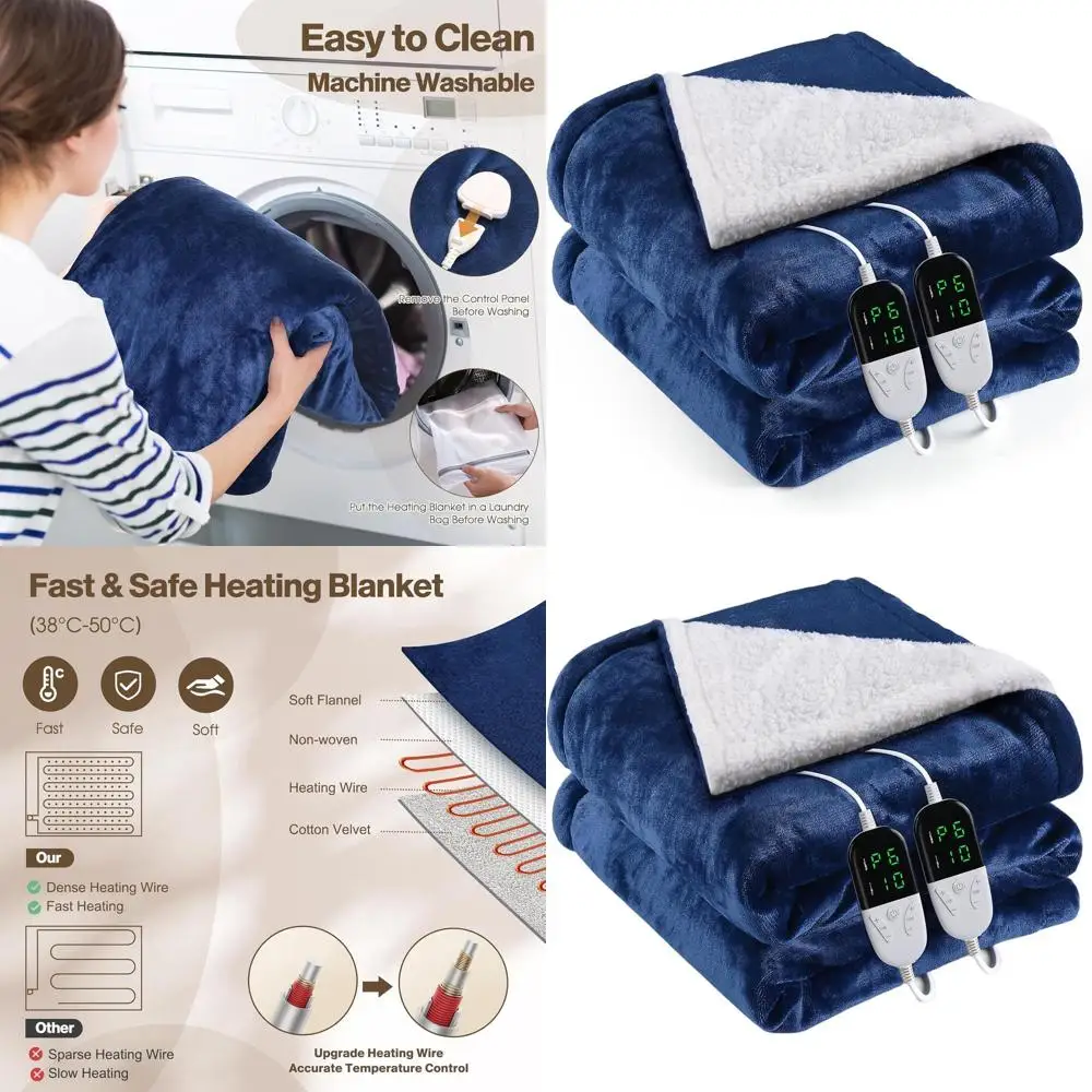 

Электрическое одеяло размера Queen 84x90 с 6 нагревами и таймером на 1–10 часов, можно стирать в машине, синее