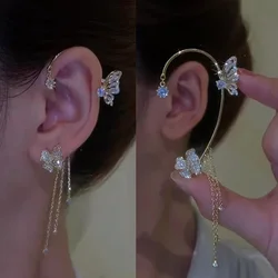 Pendientes de Clip de borla sin perforación para mujer, flor de circón brillante coreana, mariposa, joyería fina Simple