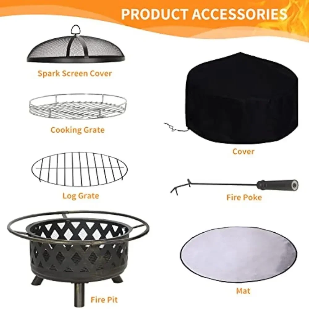 Fire Pit for Outside 30 Inch with Cover & Mat Outdoor Wood Burning Firepit Large Steel Firepit Bowl