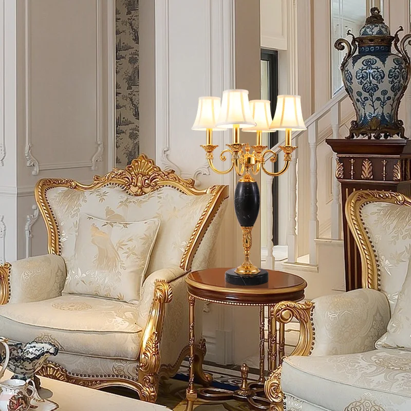 European Style Decorative Table Lamp, Brass Ceramic With Marble & Fabric Lampshade For Study, Living, Bedroom, Hotel Lobby