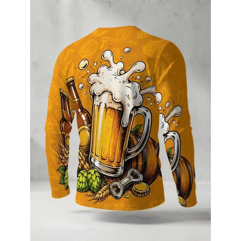 3D Printed Casual Long Sleeve Men T Shirt Orange Beer Glass Bottle Hop Wheat Pattern Large Area Digital Print Polyester