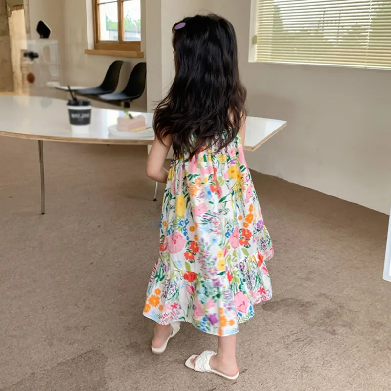 Girls Dress Summer Children\'s Clothing Slip Dress Flowers Printing Toddler Girls Sleeveless Princess Dress Party Clothes