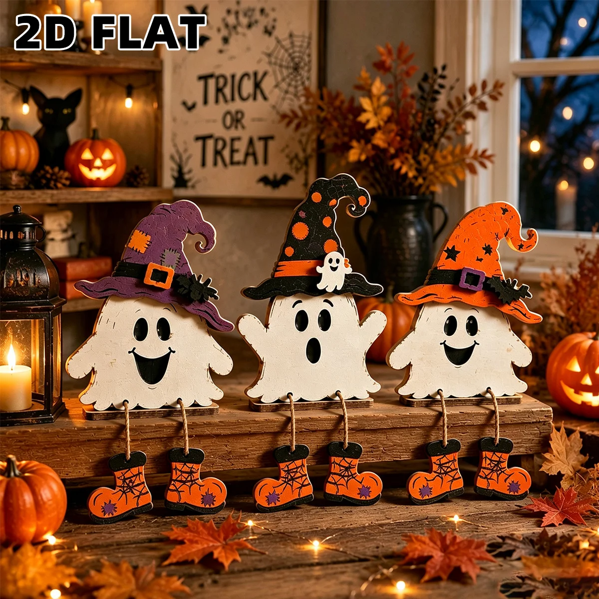 3Pcs 2D Wooden Ghost Signs with Stand, Halloween Rustic Farmhouse Tabletop Wall Decor Pumpkin Spider Bat Ornaments Holiday Gift