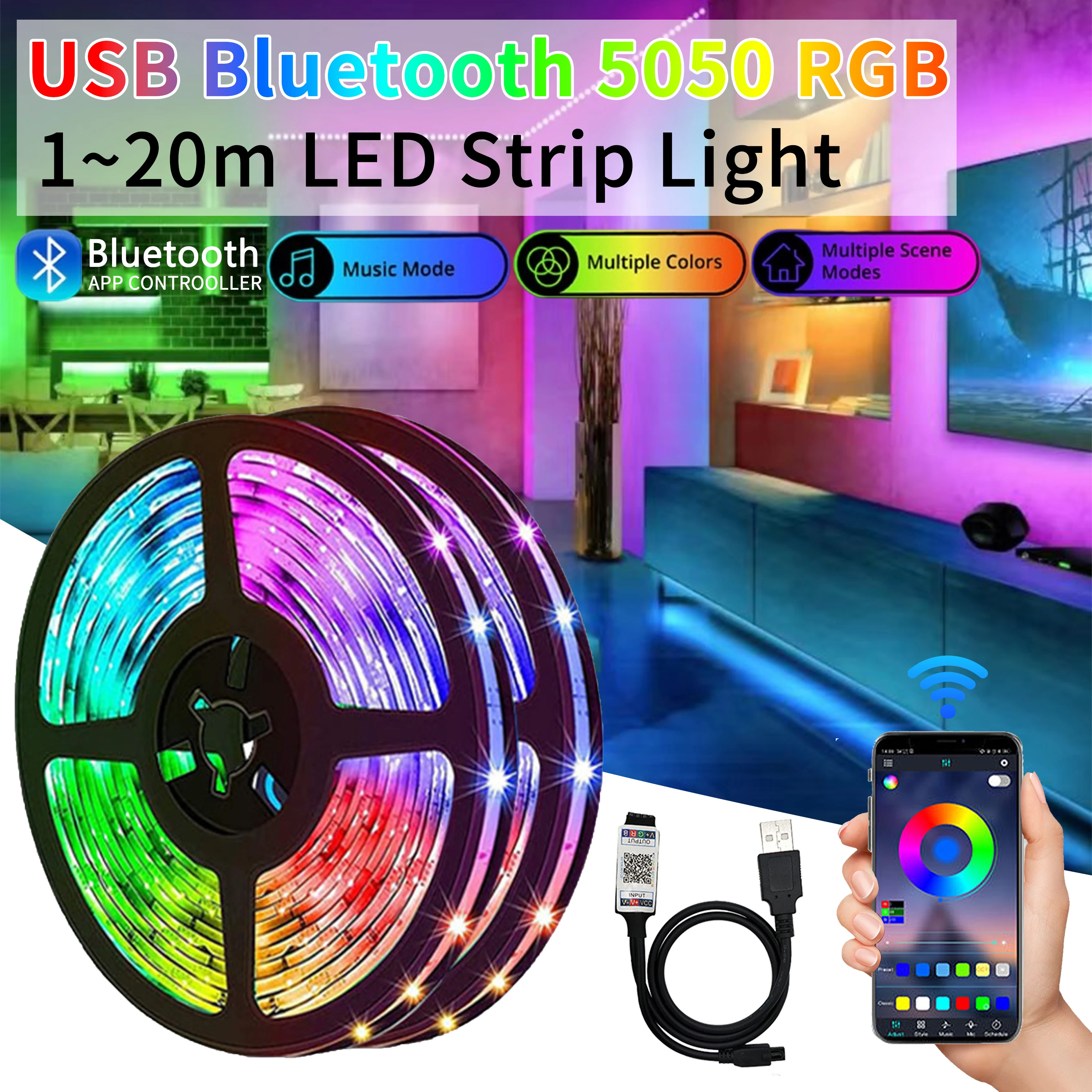 1-20 متر 5 فولت LED قطاع أضواء RGB 5050 أضواء التلفزيون الخلفية ، Led قطاع الإضاءة مزامنة الموسيقى ، تغيير اللون للمنزل الطرف