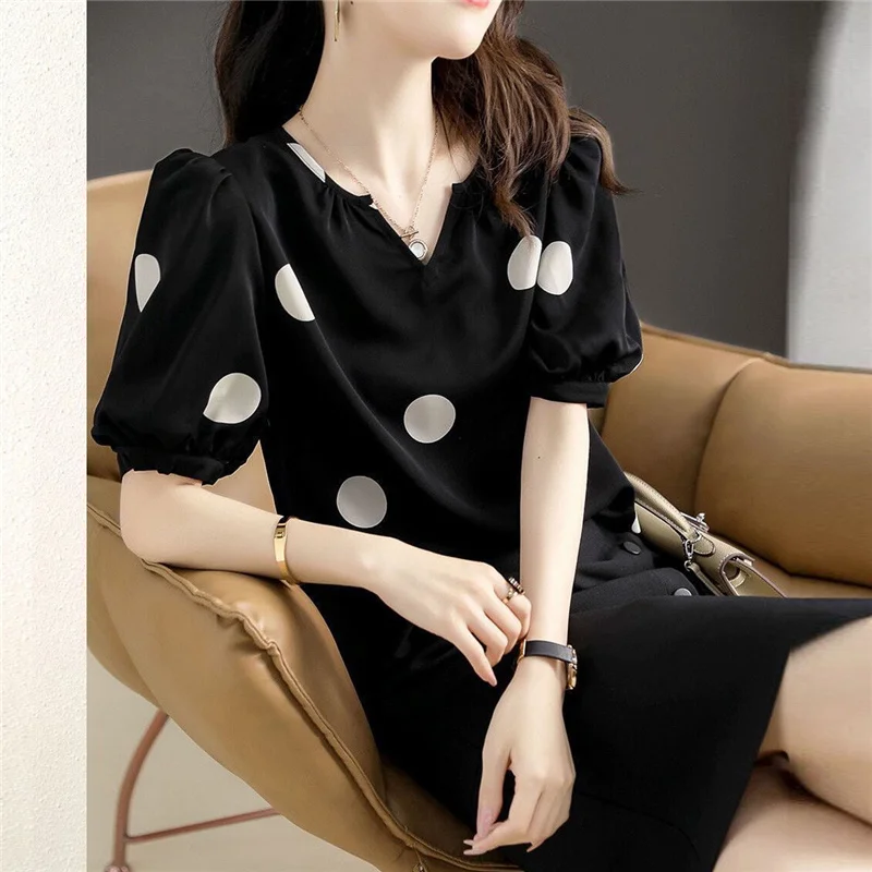 Women\'s Summer Fashion Elegant V Neck Polka Dot Print Short Sleeve Shirt Casual Sweet Cute Chic Blouse Tops Female Clothing 2022