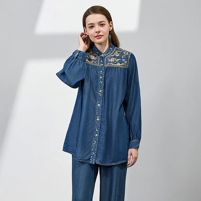 TIYIHAILEY Cotton Denim Women Full Sleeve Blouses Topsd Vintage Single Breasted Embroidery Shirts 2025 Spring Fashion Chinese