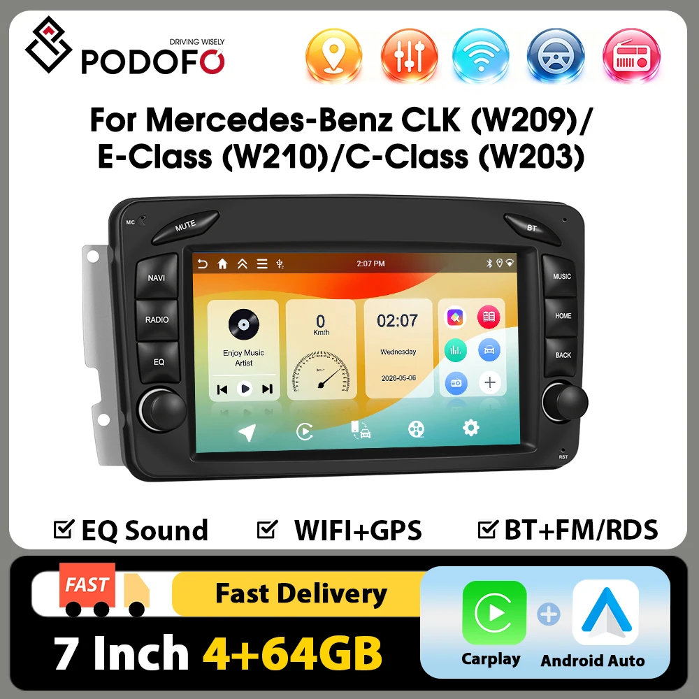 Podofo 7 Zoll 4+64G Wireless Carplay Android Auto Auto-MP5-Player mit WLAN GPS Mirror Link FM RDS Unterstützung Bluetooth Rückfahrkamera Autoradio für Mercedes-Benz CLK (W209) / E-Klasse (W210) /