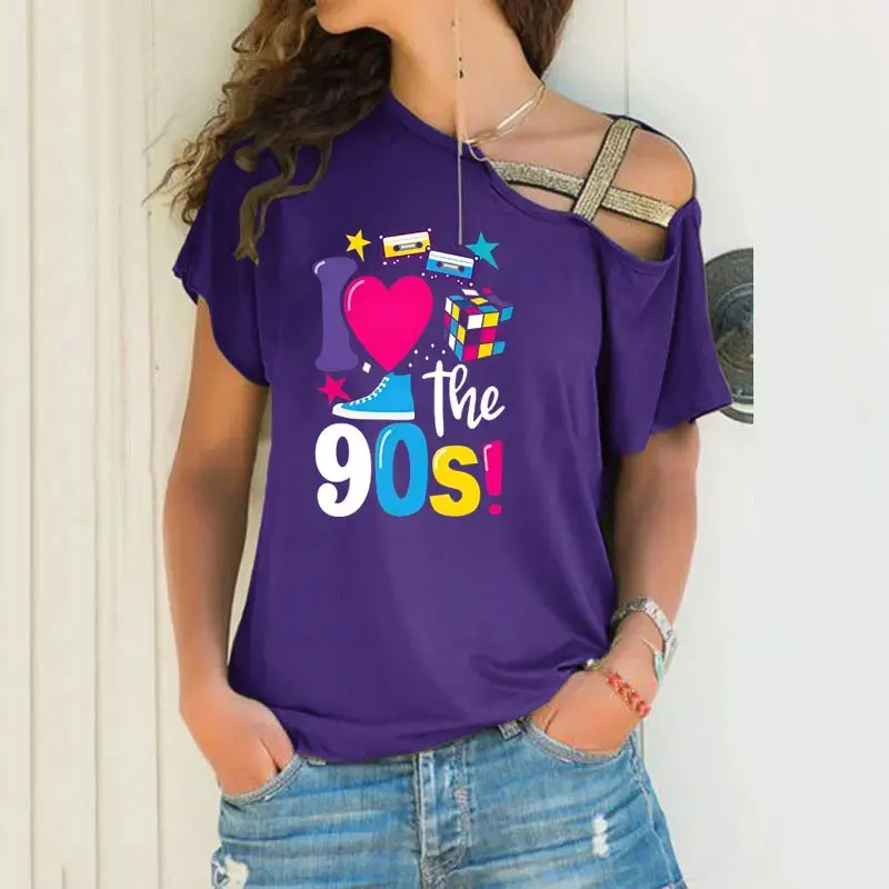 Retro 90 Cartoon S T Shirt Women 80 Nostalgic 1980 Years Vintage Short Female Tshirt Irregular Skew Cross Bandage Tops