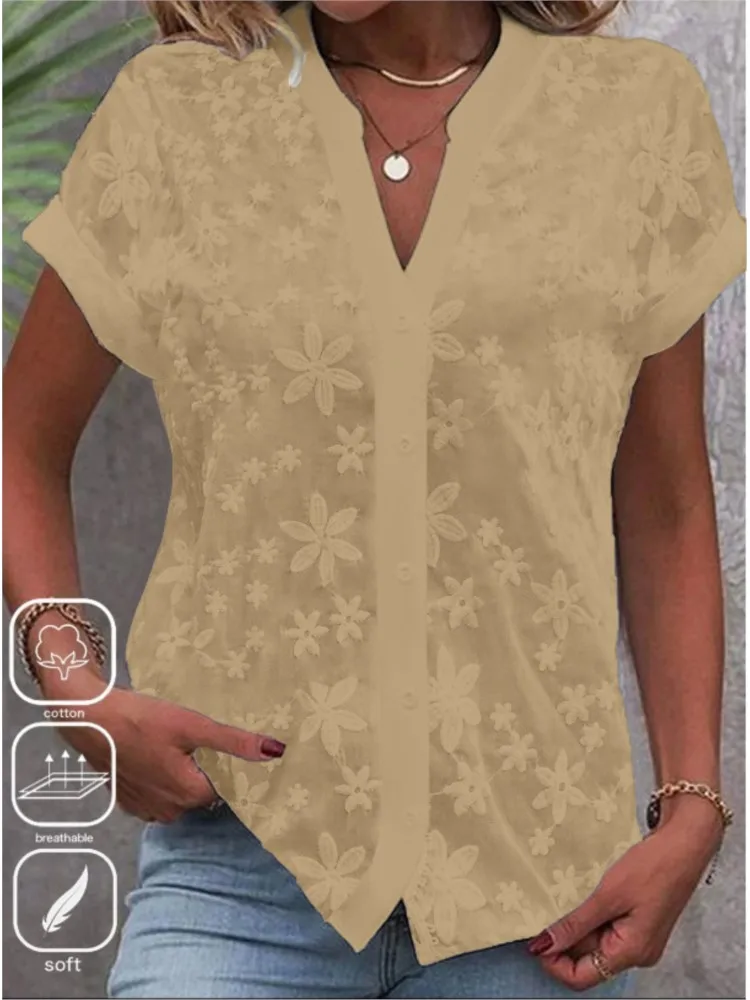 Summer Casual V-neck Shirt Womens Blouse Fashion White Short Sleeve Shirts Button Top Office Ladies Elegant Blouse Tops