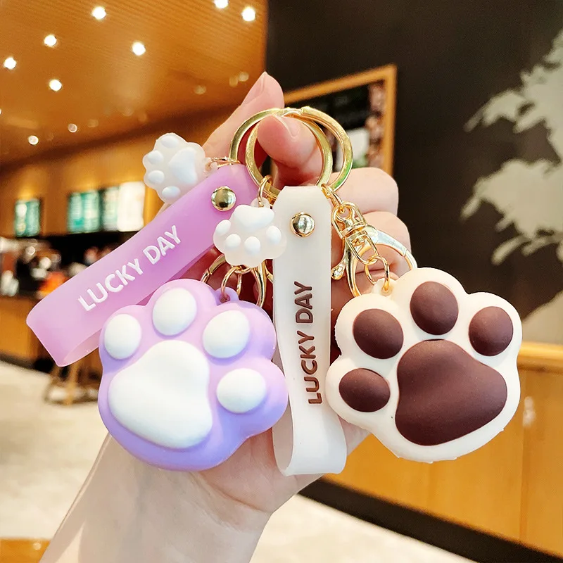 Cute Cartoon Silicone Dog Cat Paw Keychain Girls School Bag Handbag Decor Animal Claws Keyring Fashion Women Jewelry Gift 2022