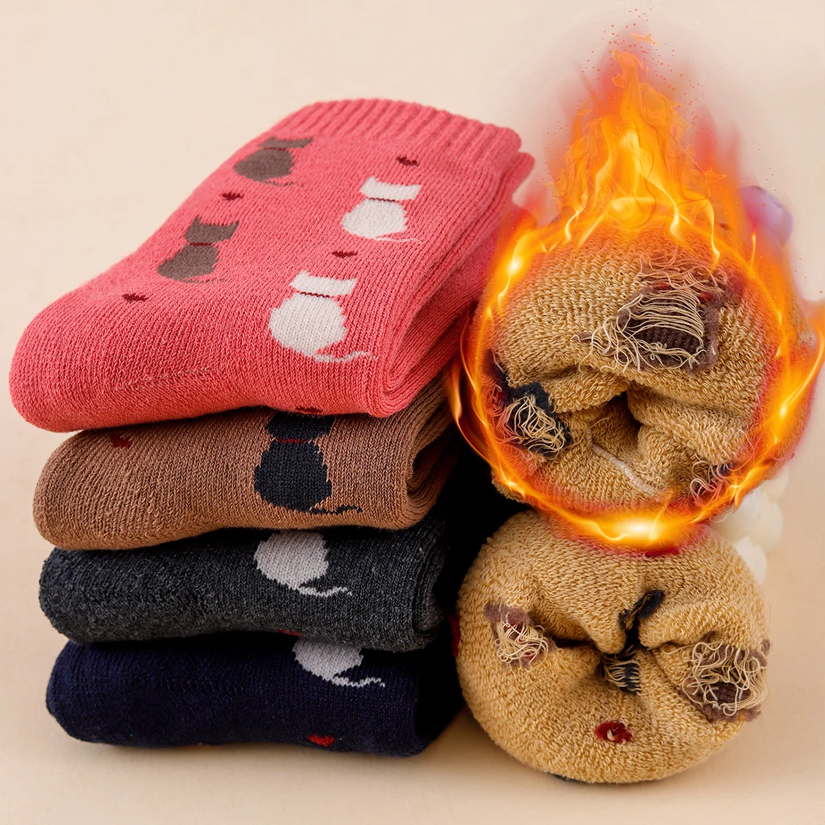 5 Pairs Autumn/Winter Women's Cute Cartoon Cat Pattern Printed Versatile Soft and Comfortable Mid Tube Woolen Loop Socks