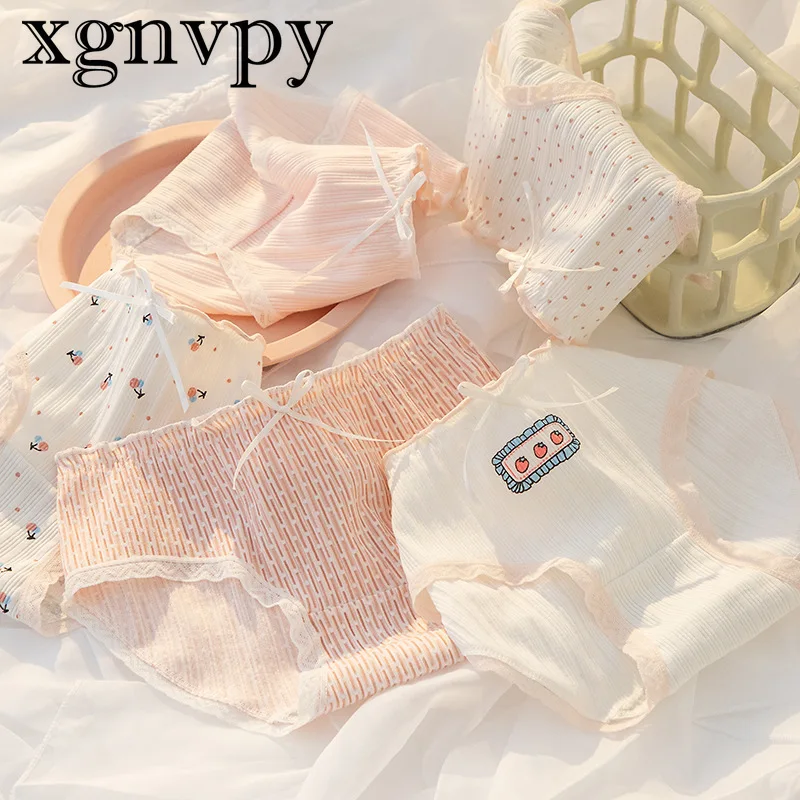 xgnvpy Women\'s Cotton Underwear Lovely Girl Bow Mid Waist Sexy Lace Panties Seamless Comfort Briefs Female Lingerie