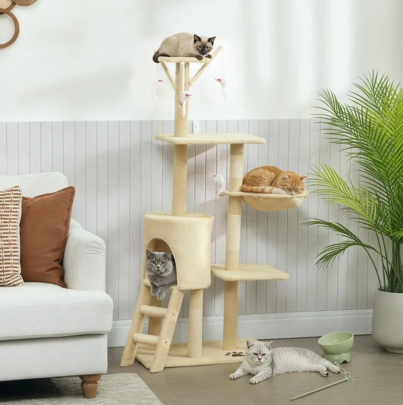 Beige kattenboom met hol, sisalpalen, speeltjes en platforms, 60x35x134 cm, voor katten tot 5 kg