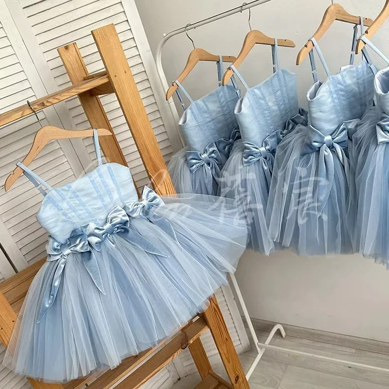 2025 Newest Fashion Girls' Royal Tutu Clothes Ball Gown Tulle for Birthday Blue Sling Princess Dress Soft Fluffy Puffy Lolita