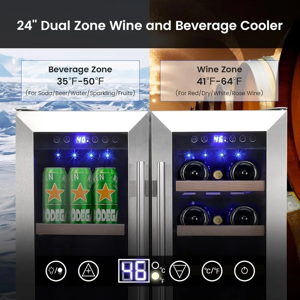 24 Inch Wine Cabinet with Quiet Compressor, Blue LED, 55 Cans and 20 Bottles Large Dual Zone Cooler, Large Dual Zone Bar Cabinet