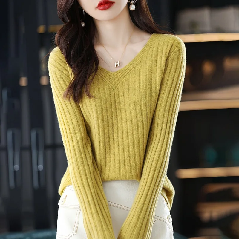 New Solid Color V Neck Knitted Sweater Temperament Fashion Long Sleeve Woman Slimming Pullovers Comfortable Soft Warm Tops