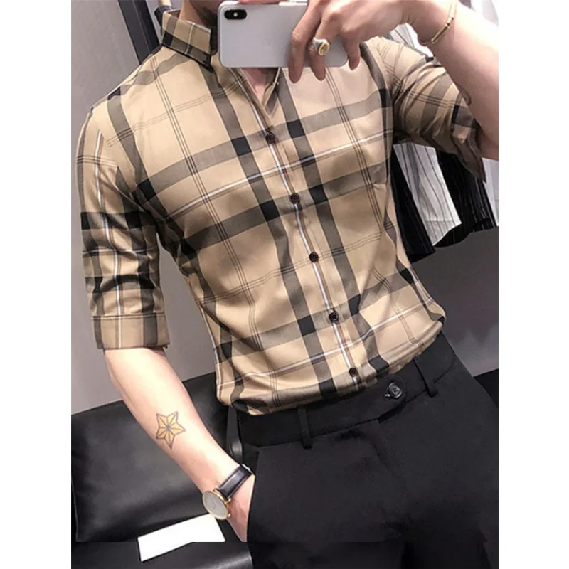 2023 Spring And Summer New Men\'s Shirt Half Sleeve Khaki Business Casual Stripe Design Shirts camisas shirt men