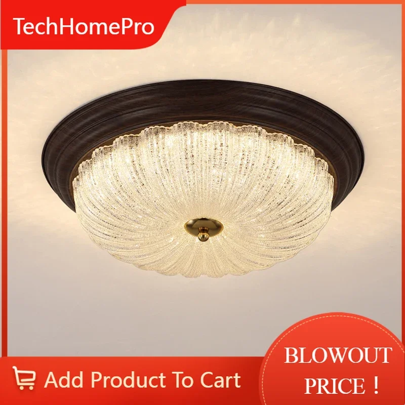 TechHPModern LED Ceiling Light Circular Retro Wood Grain Walnut Decorative Light Bedroom Corridor