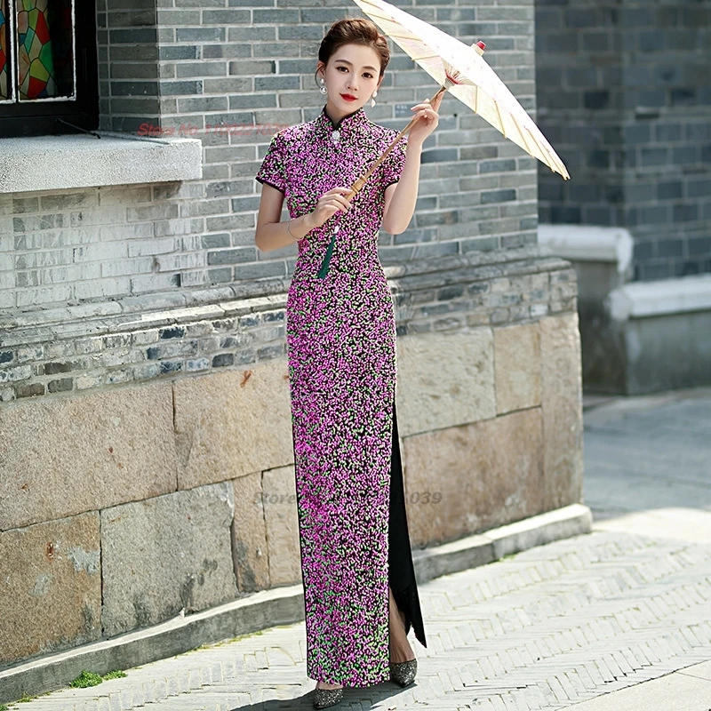 

2024 chinese vintage dress improved cheongsam oriental banquet evening dress traditional sequin velvet formal qipao folk dress