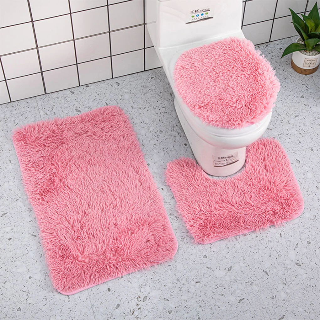 3pack/lot Non-slip Bathroom Mat For Tile Floor Soft Elastic Texture Machine Washable Toilet pink