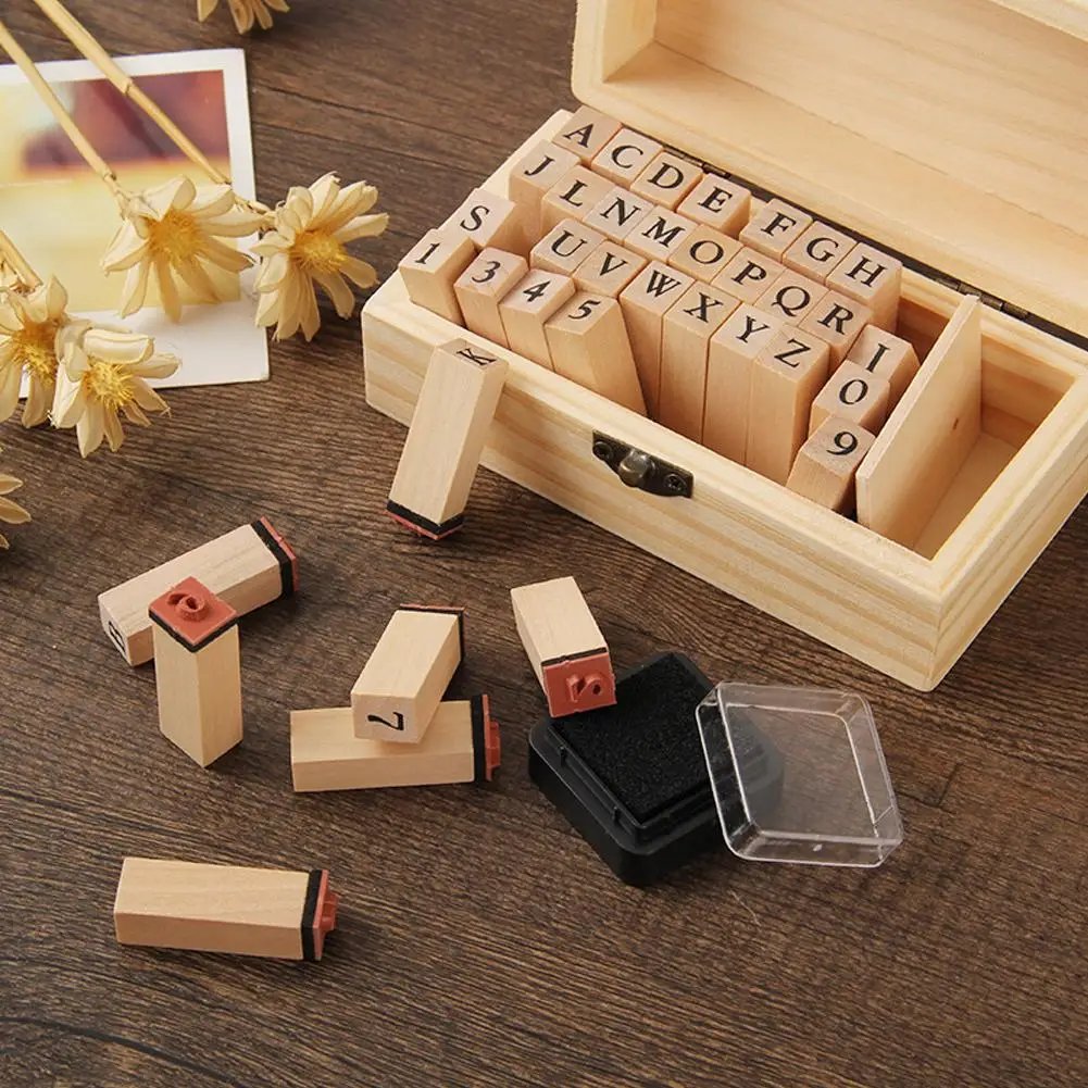 1set Wooden Seal 26 English Alphanumeric Symbols Wooden Box Binding Exquisite Gift Creative Seal