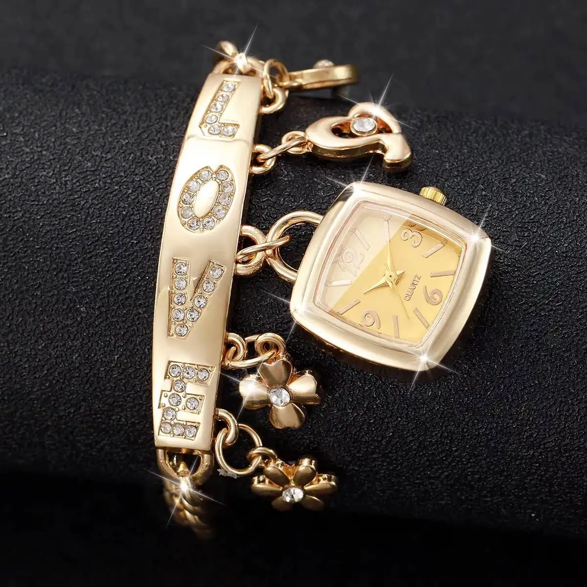 1/2 قطعة أزياء المرأة الفاخرة سوار حزام كوارتز ساعات المعصم مجموعة السيدات مربع العربية الأرقام الهاتفي ووتش (بدون صندوق)