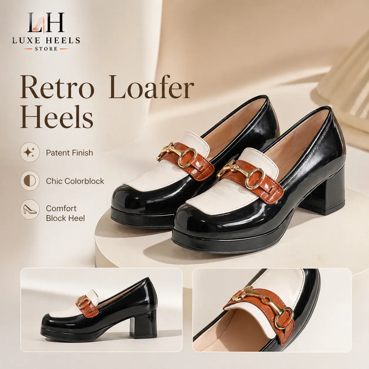 

Women's Two-Tone Patent Leather Loafers, Block Heel Platform Shoes with Gold Buckle, Retro Style for Office & Daily Wear