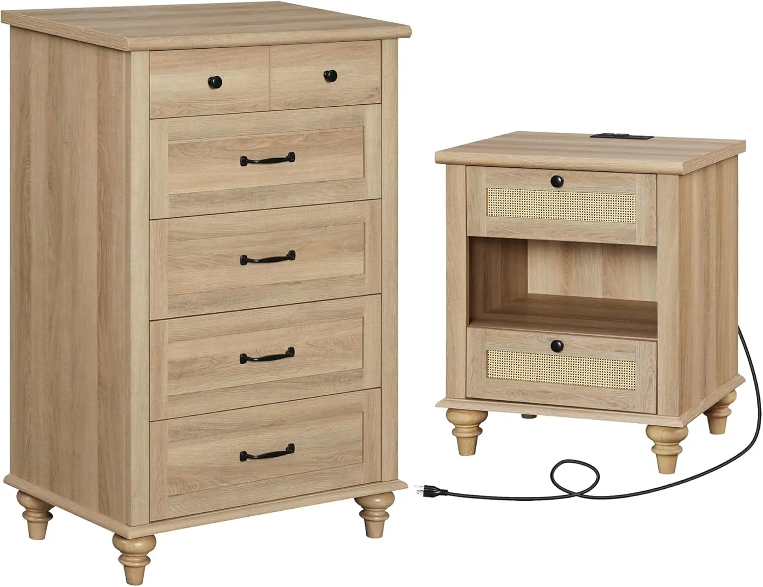 

2 Piece Dresser and Nightstand Sets, Wood Dresser & Chest of Drawers with 5 Drawers, Farmhouse Rattan Bedside Table Night