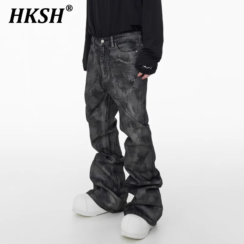 HKSH Men's Tide Dark High Street Wide Leg Legged Denim Pants Waxed Brush Glue Micro Flare Jeans Fashion Chic New Trousers HK2467