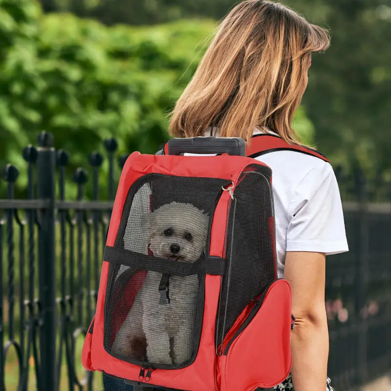 Sac à dos de transport 2-en-1 rouge pour animaux de compagnie, pour chats et petits chiens, boîte de transport multifonctionnelle avec poignée télescopique, poches latérales, conception ventilée et laisse de sécurité interne