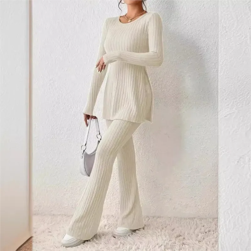 

Autumn Winter Knitted 2 Piece Suits Women Long Sleeve Ribbed Slit Long Top and High Waist Bell-bottoms Pants Set Fashion Outfit