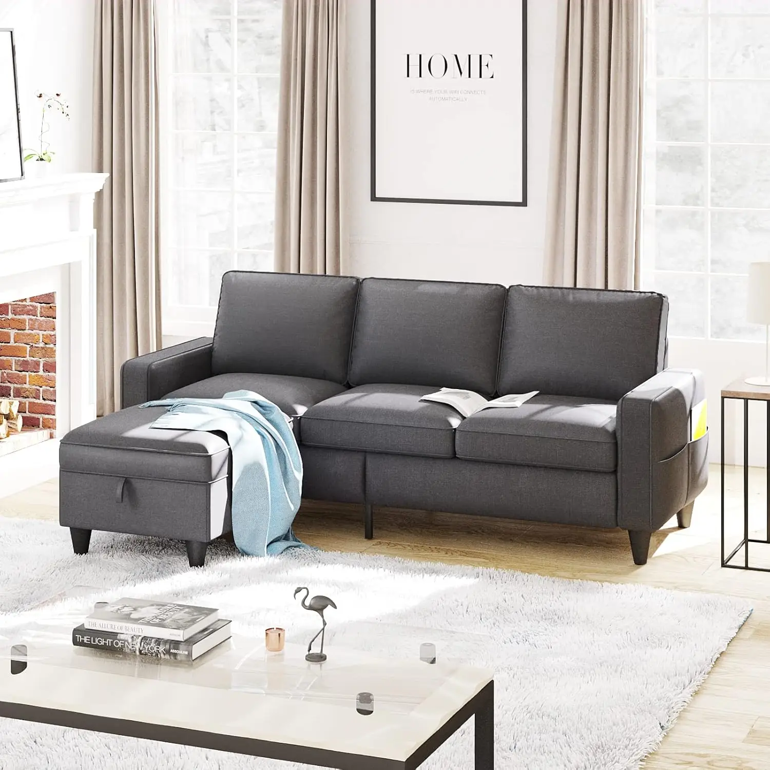 L-Couch Couches for Living Room, Convertible Sectional Sofa with Storage Ottoman, 3-Seat Grey Sectional Sofas for Living