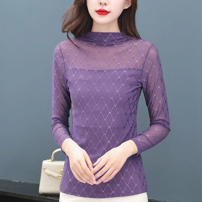 Women Sexy Sheer Mesh Elegant Fashion Fleece Warm Basic T-shirt Autumn Winter Half High Collar Long Sleeve Slim Tops Ropa Mujer