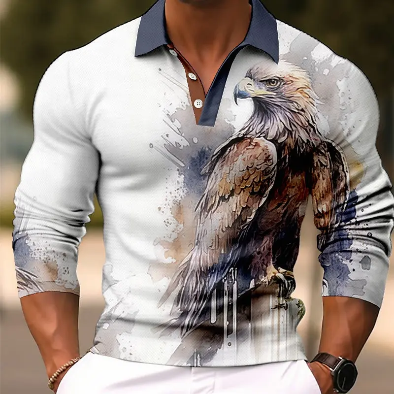 

Men's 3D Printed Eagle Pattern Golf Shirt Long Sleeve Polo Shirt Business Casual Formal Button Collar Autumn and Winter