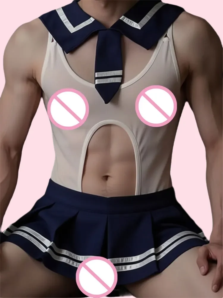 Men's sexy porno lingerie Tie hollow out crotchless mini skirt role-playing costume Sailor Uniform Themed sex suit femboy adult