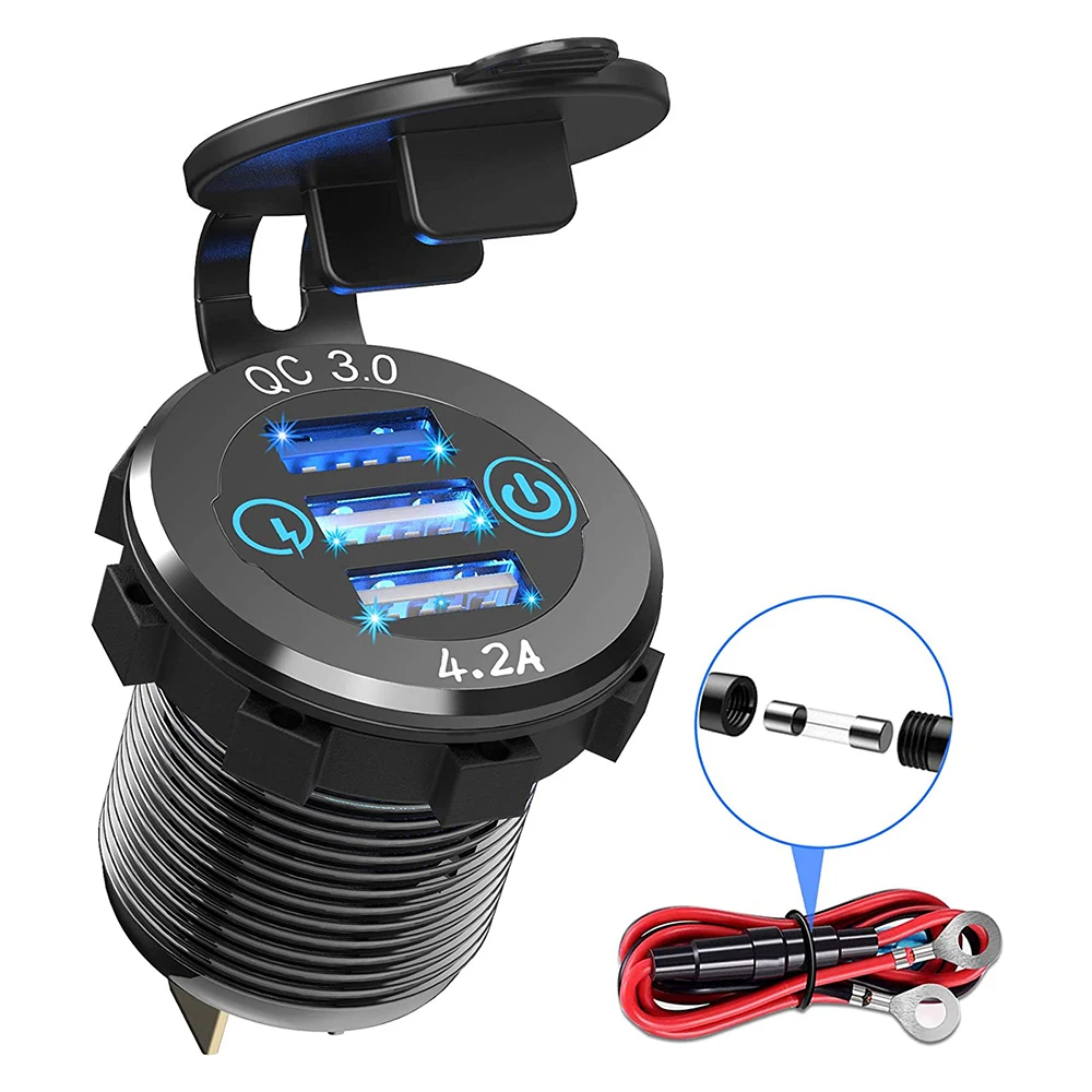 DIY Aluminum Car Charger QC 3.0/4.2A Triple USB Socket Touch Switch Waterproof for Car Boat Marine Truck Golf Cart RV Motorcycle