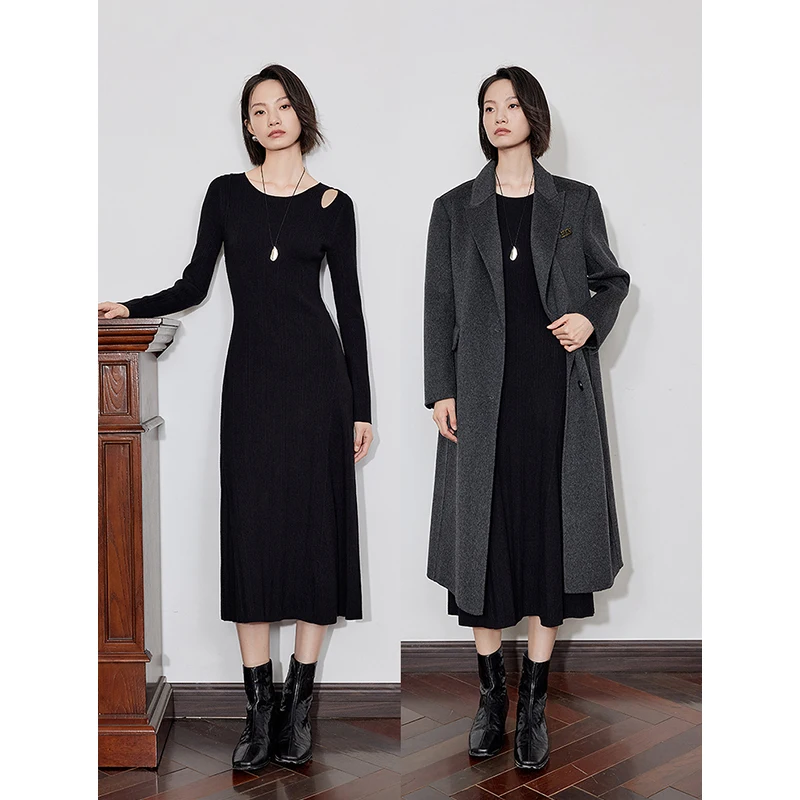 TOYOUTH Women Knitted Dress 2024 Autumn Winter New Elegant Style Off Shoulder Slim Waist Ankle Length Black Party Dress