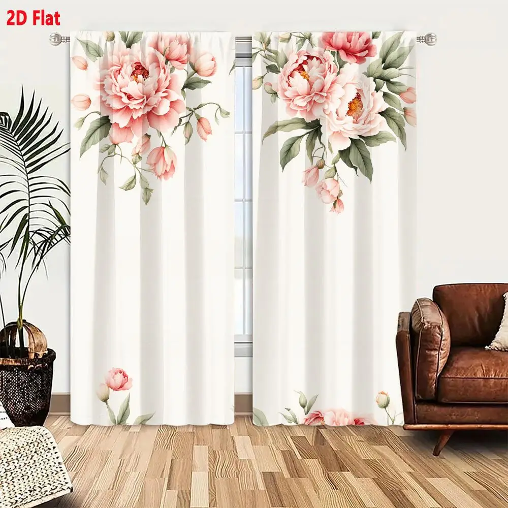 2Pcs Curtains 2D Flat Classic Elegant Pastel Pink Peony Floral Arrangement With Green Leaves On Light Beige Background For Wallp